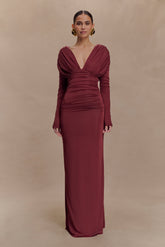 Hayden Long Sleeve Plunge Maxi Dress - Wine